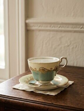Vintage Paragon Tea Cup and Saucer Set Pastel Yellow & Mint With Gold Gilding